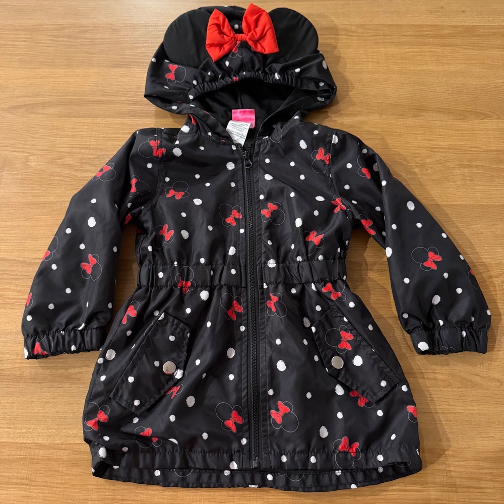 Disney Junior Minnie Mouse Black Polka Dot Hooded Windbreaker Jacket 3T RN16435